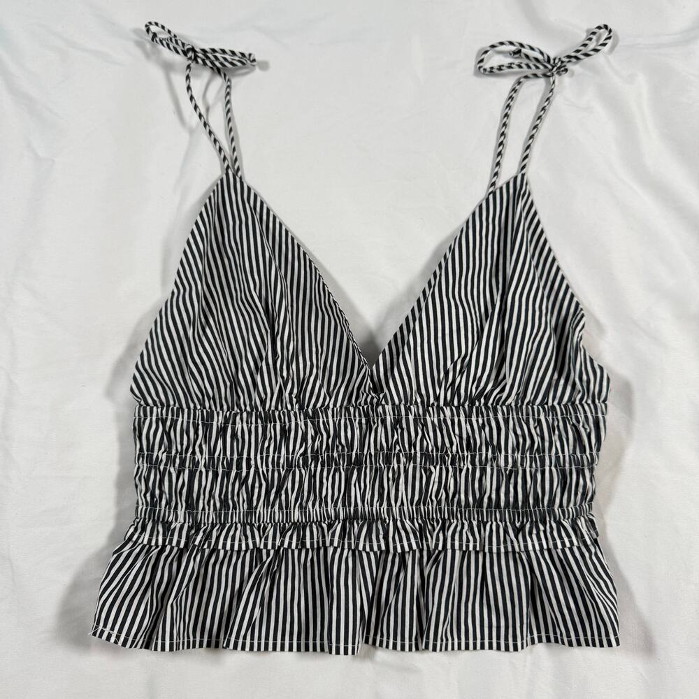 Sim & Sam striped Peplum Tank Top Womens top XL Black White Stretch Ruffles